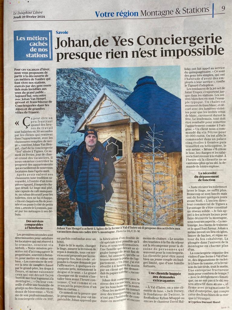 Article in Le Dauphiné Libéré about Yes Conciergerie, 29 February 2024